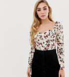 Fashion Union Square Neck Long Sleeved Top In Floral - Cream