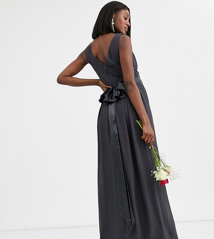 Tfnc Maternity Bridesmaid Maxi Dress With Satin Bow Back In Gray-grey
