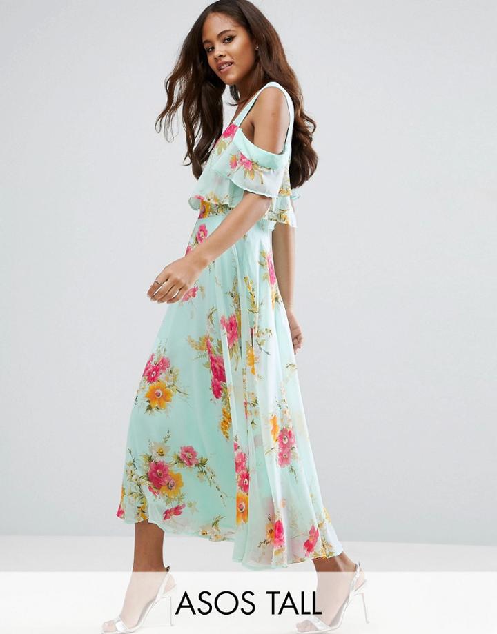 Asos Tall Cami Cold Shoulder Flutter Sleeve Midi Dress In Floral Print - Multi