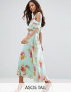 Asos Tall Cami Cold Shoulder Flutter Sleeve Midi Dress In Floral Print - Multi
