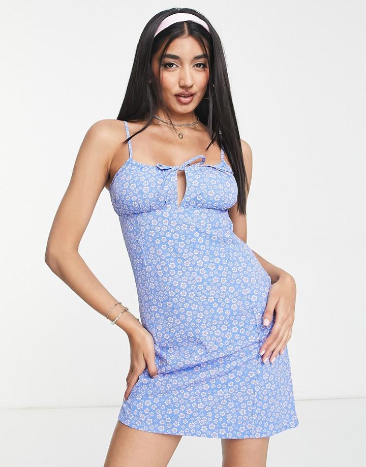Monki Tie Front Mini Dress In Blue Floral Print