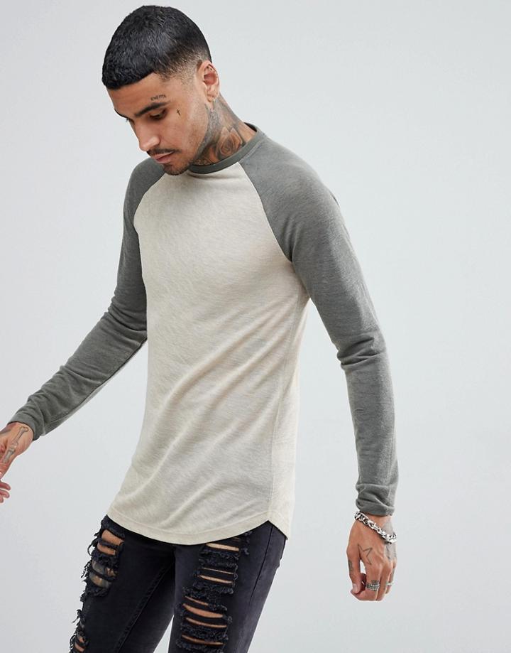 Asos Longline Long Sleeve T-shirt In Linen Look With Curve Hem In Beige - Beige