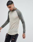 Asos Longline Long Sleeve T-shirt In Linen Look With Curve Hem In Beige - Beige