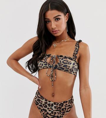 Frankies Key Hole Bikini Top With Frill In Leopard Print - Multi