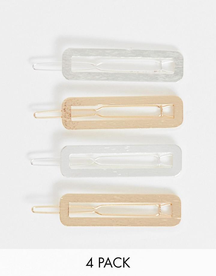 Asos Design Pack Of 4 Square Hair Clips In Mixed Metals-multi