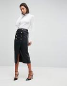 Asos Leather Look Pencil Midaxi Skirt With Button Front Detail - Black