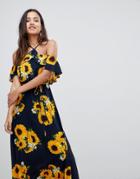 Ax Paris Sunflower Print Off Shoulder Maxi Dress - Navy