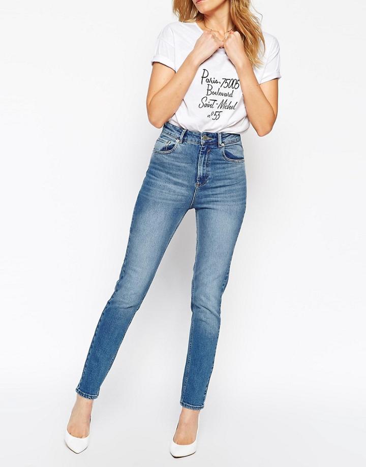 Asos Farleigh High Waist Slim Mom Jeans In Mid Wash Blue - Blue