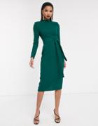 Asos Design Long Sleeve Midi Dress With Obi Belt-green