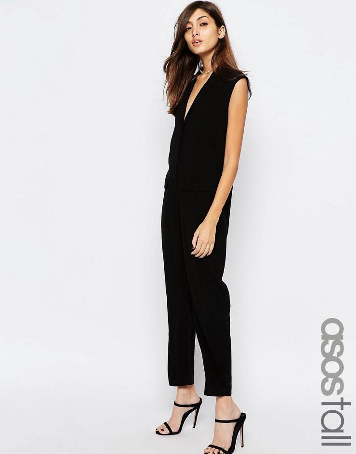 Asos Tall Sleeveless Tuxedo Wrap Jumpsuit - Black
