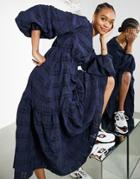 Asos Edition Puff Sleeve Volume Midi Dress In Navy Check-blues