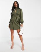Asos Design Petite 70s Plunge Wrap Waisted Mini Dress In Khaki-green