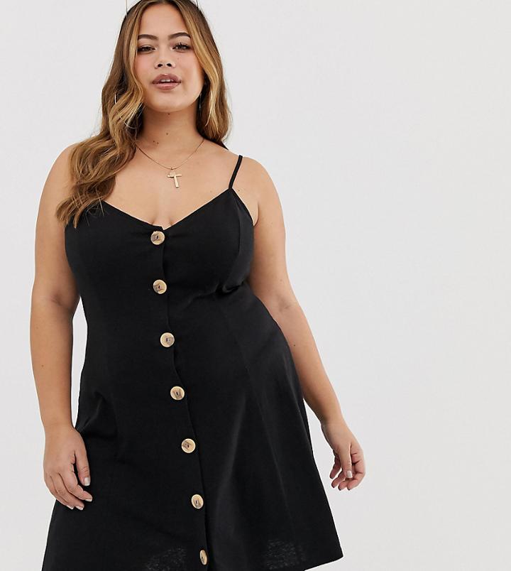 Asos Design Curve Mini Slubby Cami Swing Dress With Faux Wood Buttons - Black