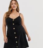 Asos Design Curve Mini Slubby Cami Swing Dress With Faux Wood Buttons - Black