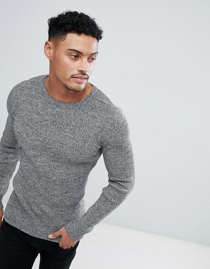 Asos Design Muscle Fit Ribbed Sweater In Black & White Twist-gray