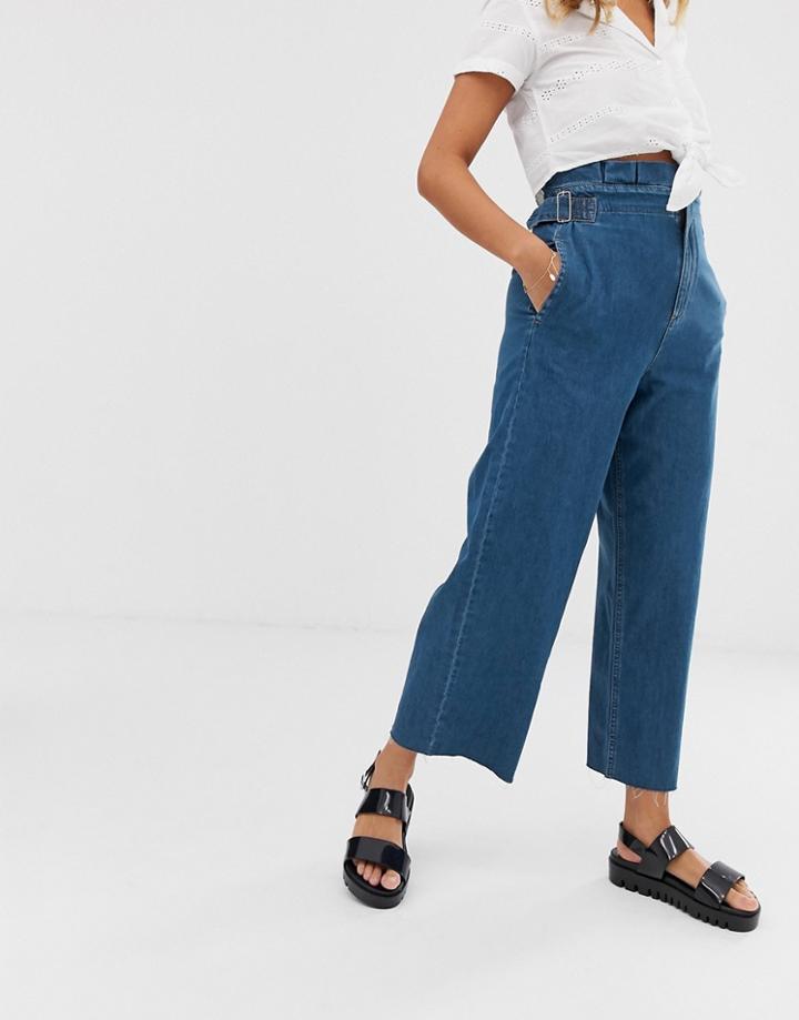 Asos Design Cropped Lightweight Wide Leg Jeans In Mid Wash Blue With Paper Bag Waist Detail - Blue
