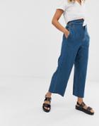Asos Design Cropped Lightweight Wide Leg Jeans In Mid Wash Blue With Paper Bag Waist Detail - Blue
