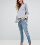 Asos Maternity Kimmi Boyfriend Jeans In Dusty Mid Wash With Raw Hem And Over Bump Waistband - Blue