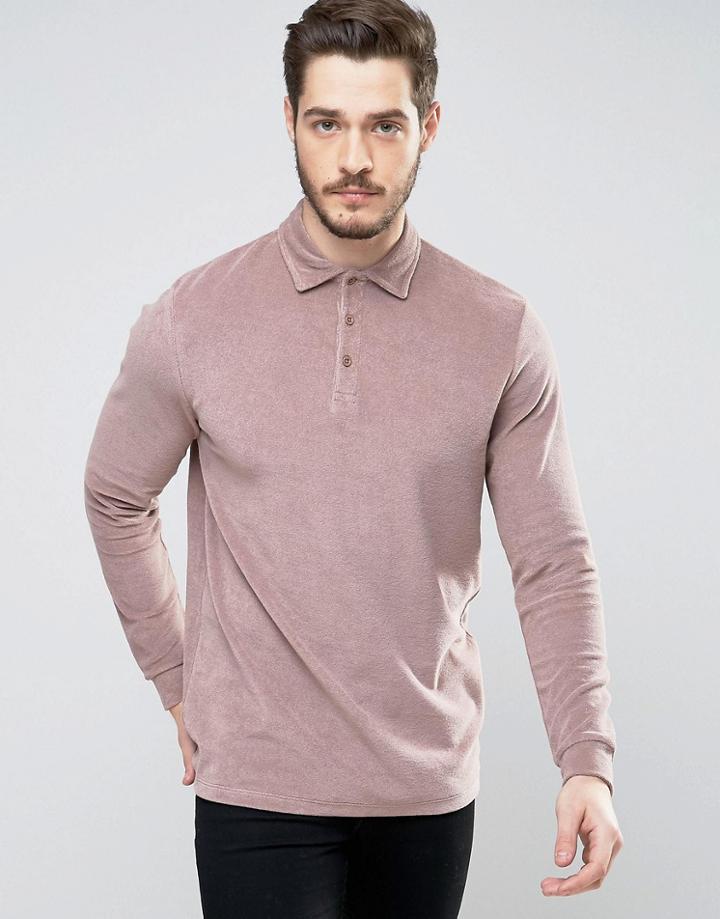 Asos Longline Long Sleeve Polo Shirt In Towelling Fabric - Brown
