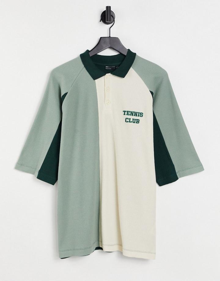 Asos Design Oversized Polo T-shirt In Color Block Waffle With Chest Print-multi