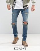 Mennace Slim Jeans With Rips In Mid Wash - Blue
