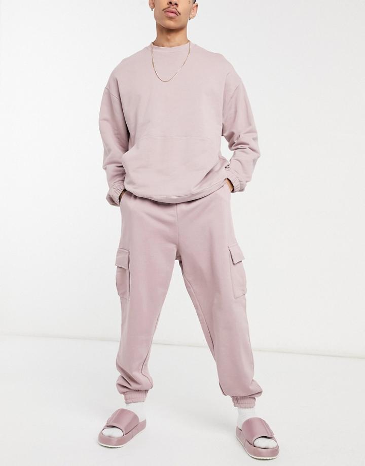 Asos Design Set Oversized Sweatpants With Cargo Pockets In Pastel Pink-purple