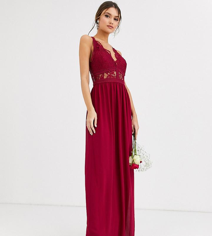 Tfnc Bridesmaid Halter Neck Maxi Dress With Lace Inserts In Mulberry-red
