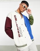 Asos Design Oversized Jersey Jacket In Navy And Green Blocking With Print-multi