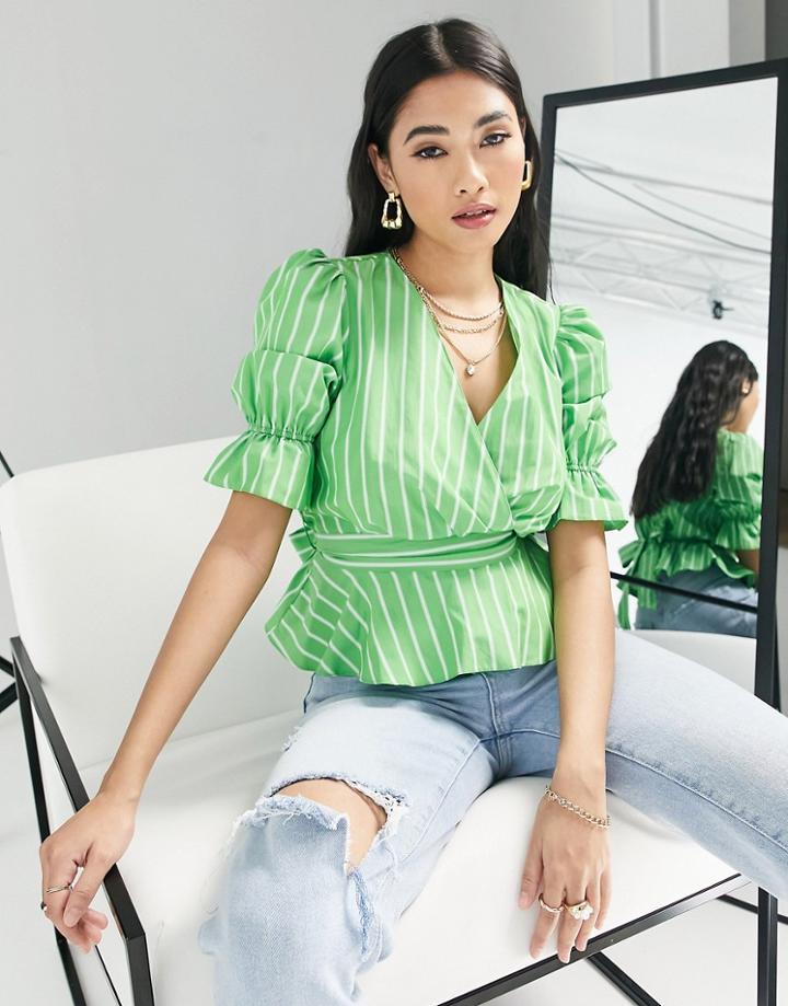 River Island Striped Belted Poplin Top In Green