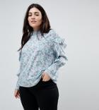 Influence Plus High Neck Floral Blouse With Sleeve Detail - Blue