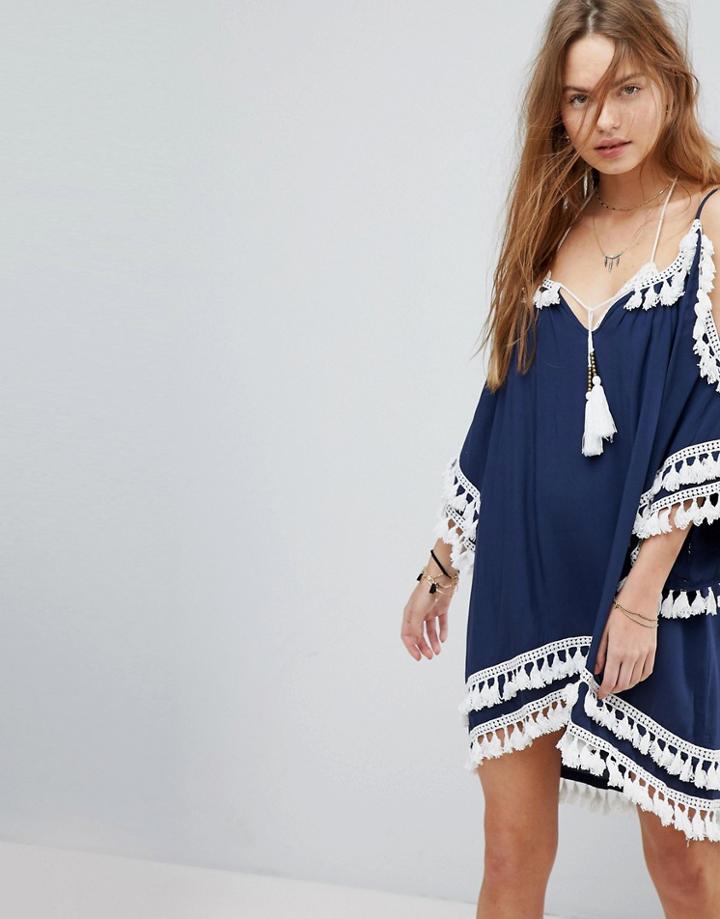 Surf Gypsy Crochet Fringe Beach Cover Up - Navy