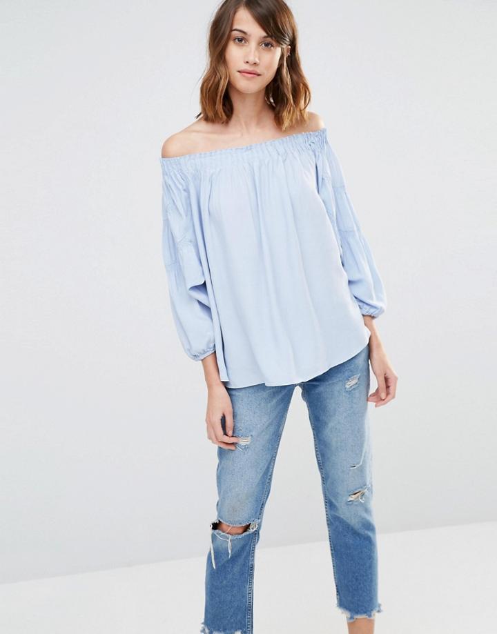 Warehouse Off Shoulder Blouson Sleeve Top - Blue