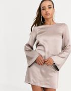 Asos Design Long Sleeve Satin Shift Mini Dress In Washed Satin - Orange