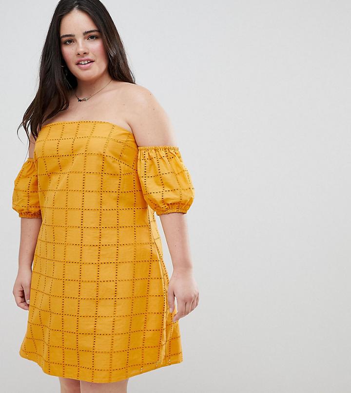 Asos Design Curve Ultimate Broderie Puff Ball Off Shoulder Mini Sundress - Yellow