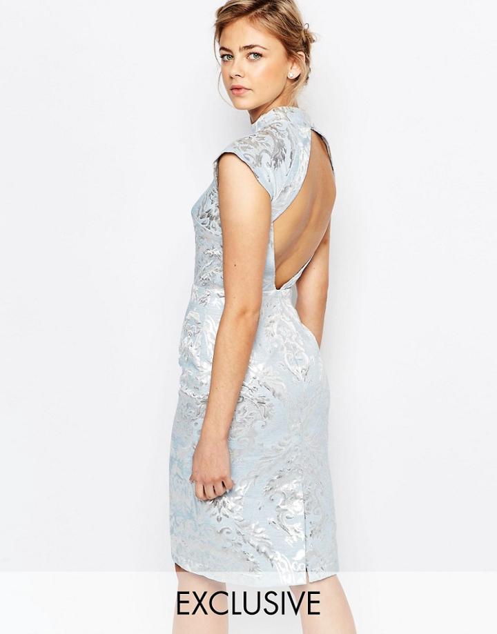 Chi Chi London High Neck Brocade Pencil Dress With Open Back - Blue