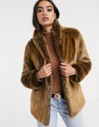 Asos Design Stand Collar Faux Fur Coat In Brown - Cream