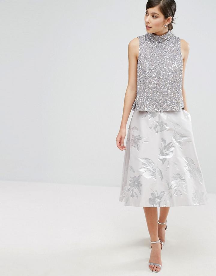 Coast Aviero High Low Metallic Jacquard Skirt - Silver