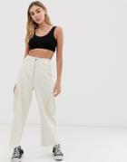 Asos Design Cropped Wide Leg Jeans With Utility Pocket Detail With Raw Wasitband In Off White - White