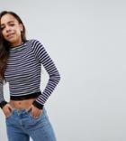 Asos Petite High Neck Polo In Stripe With Lace Trim - Multi