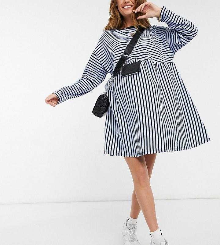 Asos Design Maternity Super Oversized Long Sleeve Smock Dress In Dusty Blue And Black Stripe