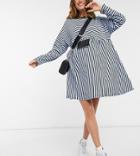 Asos Design Maternity Super Oversized Long Sleeve Smock Dress In Dusty Blue And Black Stripe