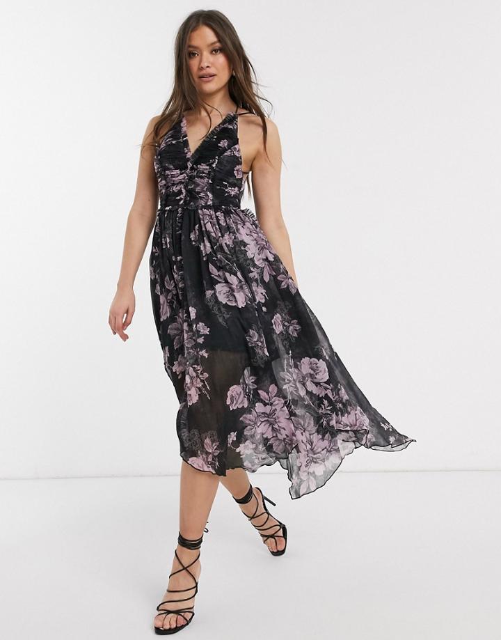 Asos Design Ruched Bodice Soft Cami Midi Dress With Raw Edge Detail-multi