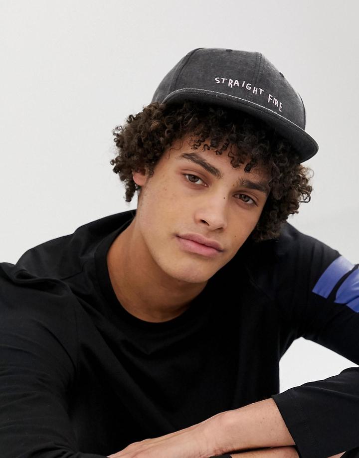 Asos Design Snapback Cap In Gray With 'straight Fire' Embroidery
