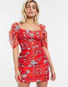 Charlie Vacation Beach Milkmaid Dress In Red Floral - Multi