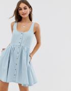 Asos Design Denim Scoop Neck Button Front Skater Mini Dress In Lightwash Blue - Blue