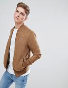 Solid Faux Suede Bomber In Tan - Tan