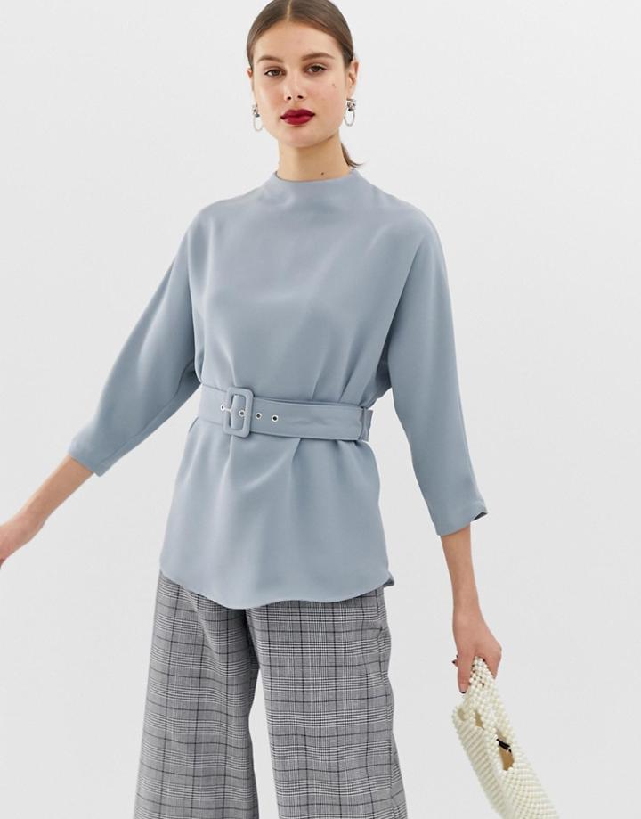 River Island Blouse With Belt In Light Blue-gray