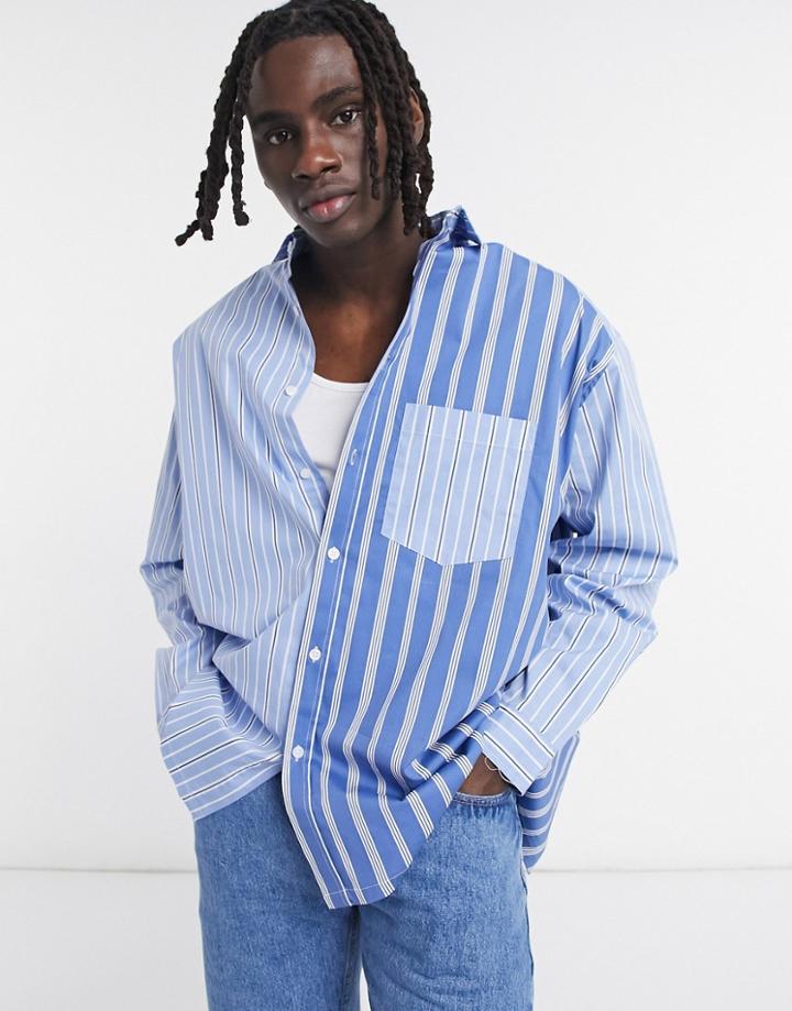 Asos Design Extreme Oversized Contrast Stripe Shirt In Blue And Navy Print-blues
