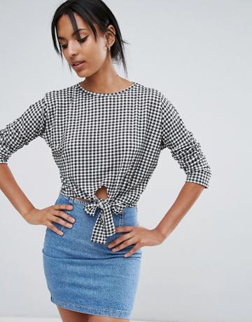 Daisy Street Gingham Tie Front Top - Black