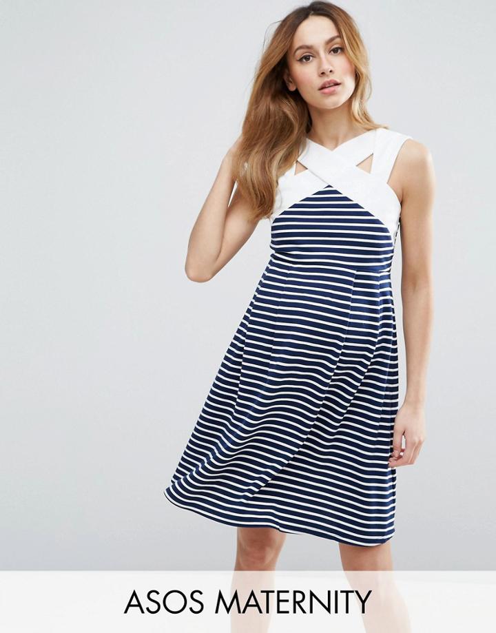 Asos Maternity Stripe Mini Skater Dress With Contrast Neck Detail - Multi